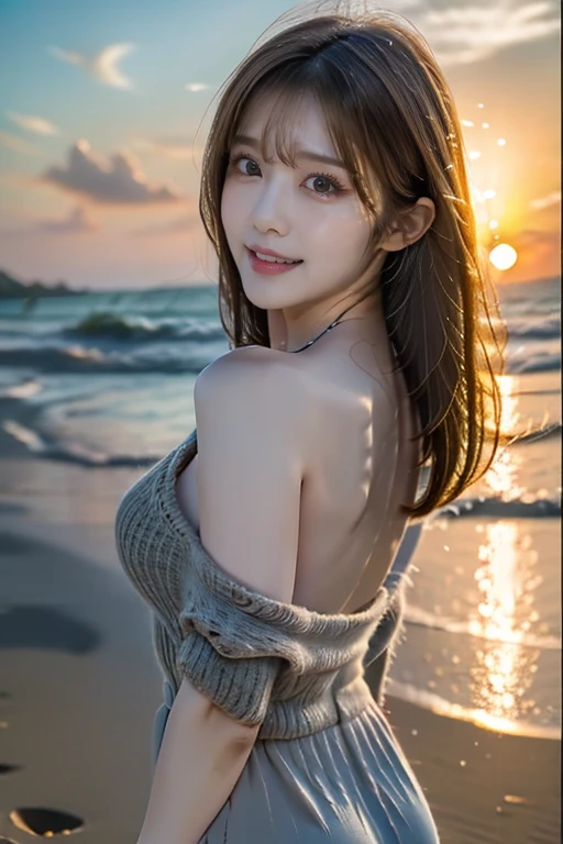 12K、hdr、Bit depth 10 bits、Adult Woman、 Japanese、Shooting on the beach、((Watch the sunset))、dusk、Backwards posture、50 years old、