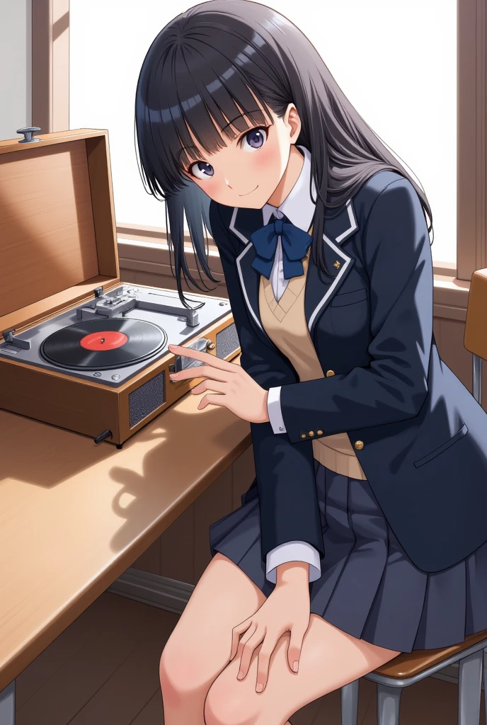 masterpiece、 best quality、 Vintage Record Player 、Record Player on Desk 、 Vintage Record Player を見つめる少女、 dark-haired girl 、 school uniform、old school classroom、wooden、