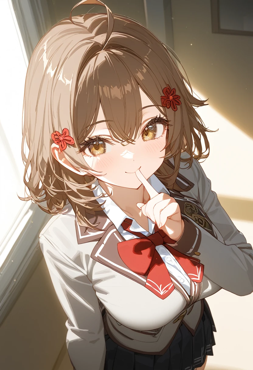 best quality, masterpiece, ultra detailed, detailed eyes, correct face, Beautiful body, beautiful light, beautiful sunlight, beautiful shadows, light shining through the window, 1girl, 1girl, solo, maria mikhailovna kujou, Medium hair, bangs, brown hair, hair ornament, hair between eyes, brown eyes, ahoge, skirt, shirt, long sleeves, bow, school uniform, jacket, white shirt, pleated skirt, collared shirt, bowtie, black skirt, red bow, red bowtie, blazer, grey blazer, long sleeves,large breasts, put index finger on mouth, from above, upper body, looking down, Smile, Looking at Viewer,