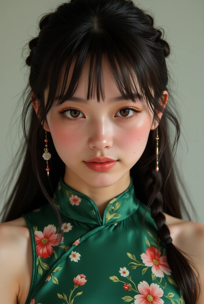 waist up portrait, soft natural lighting, , French student model named Ingred: smooth soft skin, symmetrical, natural skin texture, soft lighting, wearing dark green Cheongsam minidress with flower pattern, showing her shoulders, detailed face, dark blond shoulder long hair, bang, two braids, chinese barrette, rosy pure skin, v-shaped slim face, rosy cheeks, ((small moles under left eye)), cute bright smile showing her teeth, photorealism, soft pastel colors sparkling, looking into the camera, photorealistic painting, sharp focus, 8k, perfect composition, trending on artstation, award-winning photograph, unreal engine 5, cinematic smooth, intricate detail, studio photo, highly detailed. simple background.