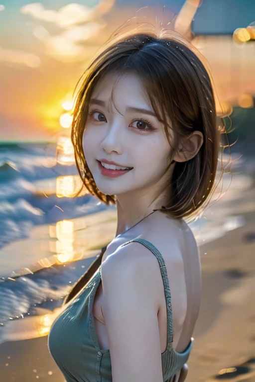 12K、hdr、Bit depth 10 bits、Adult Woman、 Japanese、Shooting on the beach、((Watch the sunset))、dusk、Backwards posture、50 years old、