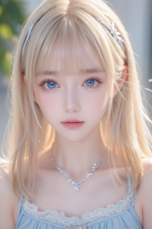 ( close-up :1.4)、(RAW shooting:1.2)、( Photorealistic Stick :1.4)、(masterpiece:1.3)、( best quality:1.4)、Bright expression、 very beautiful platinum blonde girl 、 extraordinary blonde girl 、Detailed cute and first 々beautiful innocent face 、Beautiful Bangs、 Shiny White Skin 、Facial hair、 bangs growing on her face 、 bangs between my eyes、Super long blonde hair、 charming bright platinum blonde super long straight silky hair、Thin Hair、 charming sparkling beautiful bright clear light blue big eyes 、 white apron 、 yellow dress、 eyeliner 、 double eyelids、 Sufficient Bust 、 upper body、The beauty of a small face、Round face、