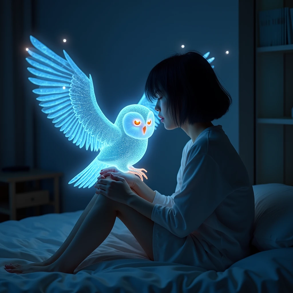  1 woman, sitting holding the knee, on the bed, ,（ black hair, Shorthair, eyes closed,Wiping away tears with your hands,Anxious expression）,The little hologram owl has large blue wings spread, its feathers wrap around her , owl feathers give off a warm orange aura, the owl is squinting , tilting its head and staring at her , the moonlight shines at her and the owl through the window , The whole room is dark and the color of the owl's feathers stand out ,Focus on the owl and her , high definition ,  high detail ,  high definition model with hammer,  Ultra High Definition, Ultra Wide Angle,  background blur , Reflected Light,  ray tracing ,  8k octane,  soft light , 優しい色合い,  digital art, Overlooking