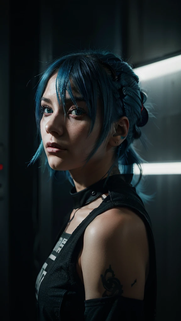 A 23-year-old girl with the face of Amy Lee, blue eyes, hyperrealistic, with short shorts, cyberpunk style