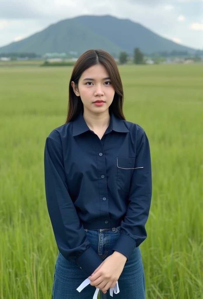 A photography of thai woman 18 years old wearing , Long-sleeved shirt with a navy collar, buttoned, Long Legged Jeans,Stand in the grass for a short time, on the back is a low hill. ,Hold the white ribbon with both hands in front.