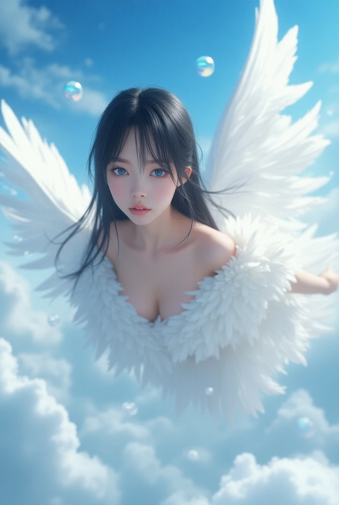 (((muste piece、highest quality、extremely complex and detailed depiction)))、((Very beautiful angel queen、Motherのような微笑み、Mother、Beautiful smile、Final Form as the Perfect Angel、god々々、king of angels、The most dignified angel、an angel soars from the sky、Graceful and classy pose、beautiful blue sky background、背景の青い空とギリシャのgod殿、detailed clouds、The control is、god聖な柔らかな光に包まれた天使たち、god聖な逆光、angels descending from the blue sky、nsfw、belly button,naked,full body photo、very noble、Sophisticated、first class、Against the backdrop of a beautiful sky、Full body composition seen from below、An angel descended from the sky、 first classのネックレス、artistic decoration、the most solemn form of an angel,The most intricately drawn angel figure,angel with a clear glow,god々々emits a bright white glow、god聖で複雑な輝きに満ち、The most beautiful in the world、unimaginable beauty、god聖な雰囲気、Accurate, every detail of a perfect angel、Gorgeous angel beyond imagination、An unimaginably huge angel)、((the most beautiful face、Half Japan and half Spanish、A smile of maternal kindness、beautiful wavy hair、stare at the camera、muste piece、8K、very complex and super detailed))