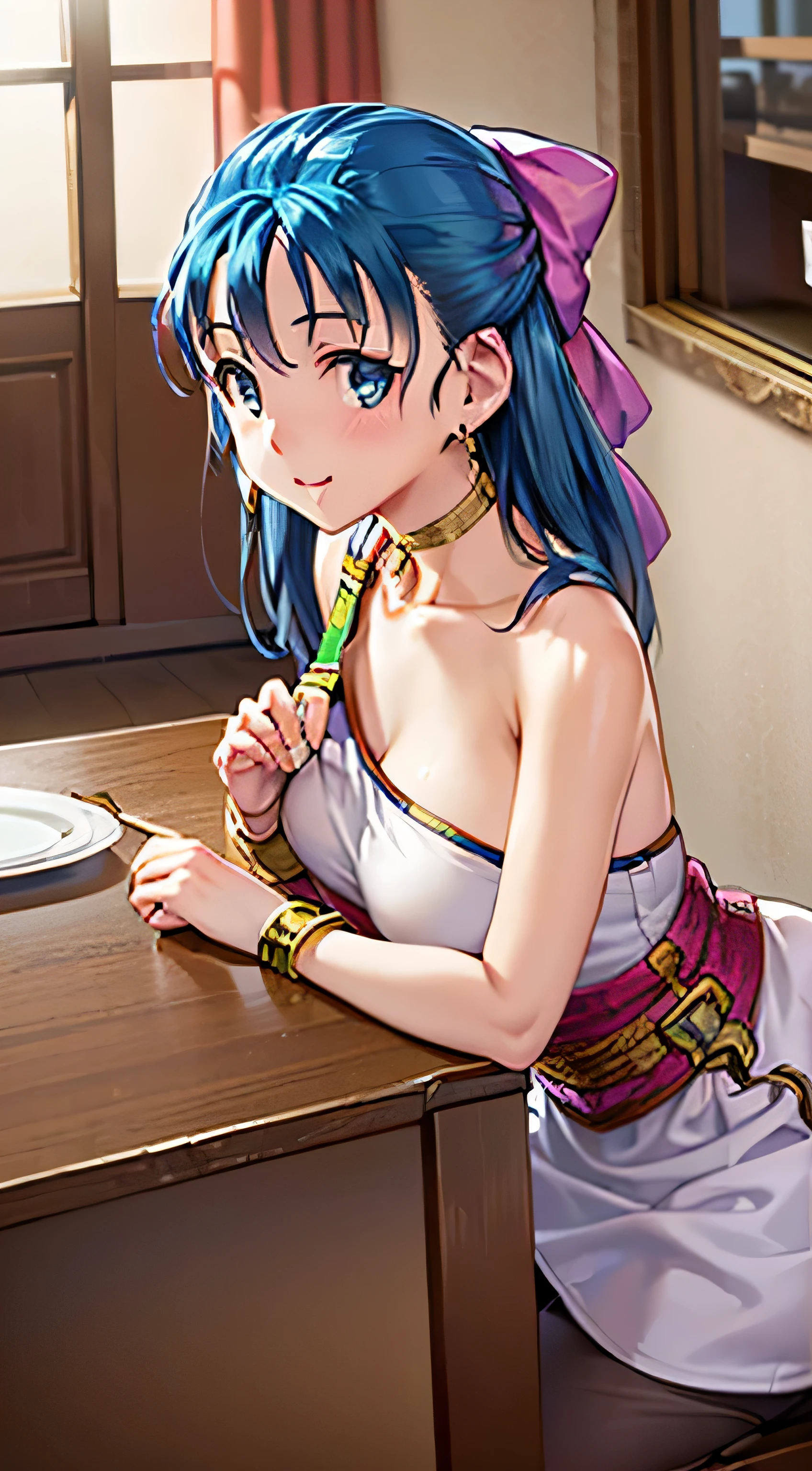 ((masterpiece,  best quality,  high definition , ,  Perfect Pixel ,  4K, ))),  1 woman, single, Alone, Beauty、、 ((( Light Blue Straight Hair、))),( bangs、, ), (( beautiful eyes,  beautiful lashes,   Real Eyes )), ((  detail face on the dining table , )), (( smooth texture:0.75, Realistic texture:0.65,  photorealistic:1.1,  anime CG style)), (Upward breast、 big chest),  Dynamic Angle,  perfect body,flora  ((、White and pink dress、 Pink Ribbon 、 earrings for a woman alone、 choker、、 bracelets staring at the viewer、belt、、 brown leather boots 、Gold Circlet))、、、、、、  cute smile with blush、、、 、 ( and I can see my whole body、、、、、 chest emphasis 、 slouching forward、、Sideboob、)、