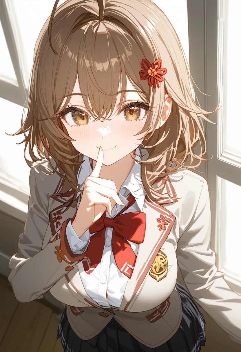 best quality, masterpiece, ultra detailed, detailed eyes, correct face, Beautiful body, beautiful light, beautiful sunlight, beautiful shadows, light shining through the window, 1girl, 1girl, solo, maria mikhailovna kujou, Medium hair, bangs, brown hair, hair ornament, hair between eyes, brown eyes, ahoge, skirt, shirt, long sleeves, bow, school uniform, jacket, white shirt, pleated skirt, collared shirt, bowtie, black skirt, red bow, red bowtie, blazer, grey blazer, long sleeves,large breasts, put index finger on mouth, from above, upper body, looking down, Smile, Looking at Viewer,