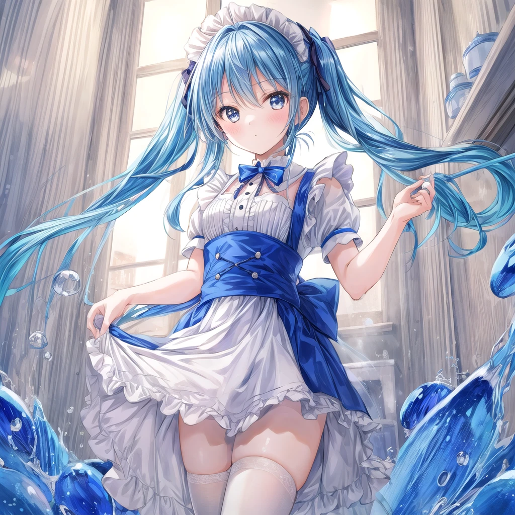 kawaii, anime style, masterpiece, best quality, ultra detailed, A girl floating in cider, 1girl, (loli:1.5) big_breasts maid (cool easygoing:1.5) white hair long hair headdress (blue maid outfit:1.5), (bubbles, underwater:1.5)