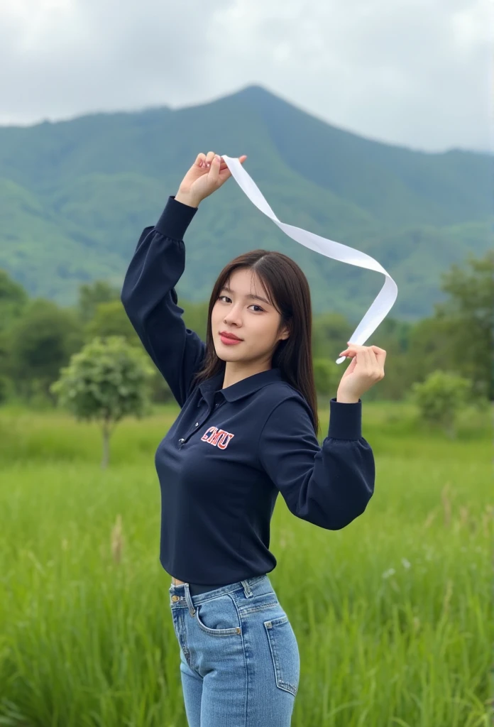 A photography of thai woman 18 years old wearing ,Navy Collar Long Sleeve Shirt With Words "CMU" With buttons, Long Legged Jeans,Stand in the grass for a short time, on the back is a low hill. ,Hold the white ribbon with both hands in front.,Lift it up