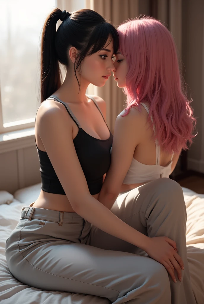they are two people in a bedroom one is kissing the other is laying on the bed, romance novel cover, passionate pose, roberto ferri and ruan jia, sexy dominant pose, male art, ultra realistic picture, inspired by Tim and Greg Hildebrandt, inspired by Brothers Hildebrandt, inspired by the Brothers Hildebrandt, commission for high res, dominant pose, pink hair girl,(boy with black hair),erotic expression,small waist,muscular,best quality,high resolution
