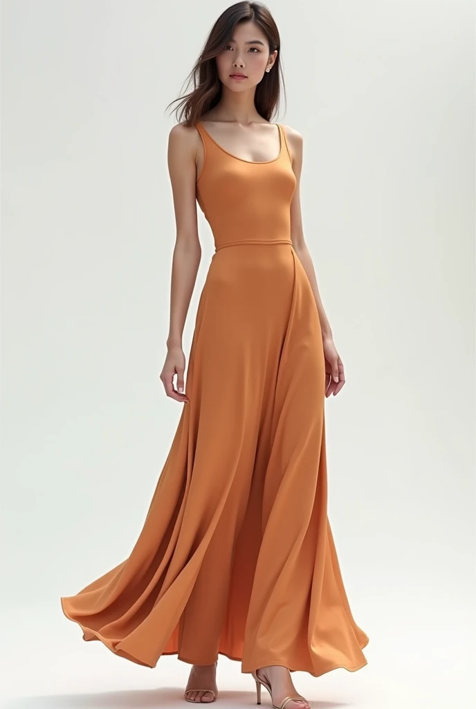 A blonde woman/moreno claro, tall with a royal blue blouse with an open neckline/ tank top and skirt that is tight at the waist and long to the heel, terracotta colored. SHOW ALL THE CLOTHES. blouse without neckline, turtleneck Where's the blouse with short sleeves?