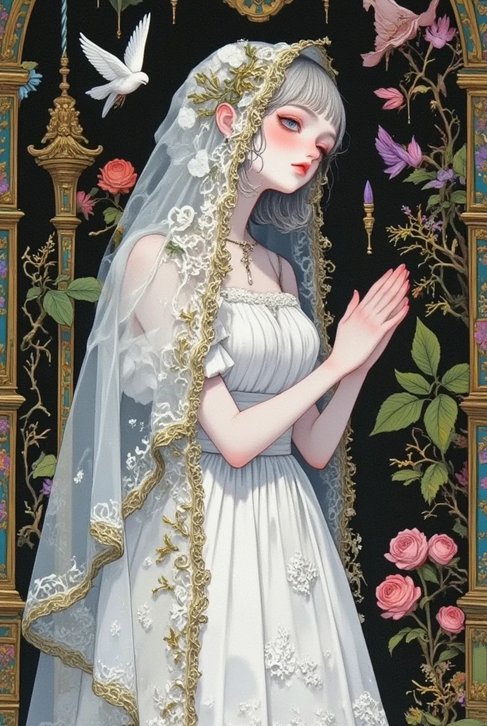 bride，   The style is inspired by Chiho Qingdao，  white wedding dress，  白色bride围巾  ， decorated with white flowers on the head   ， Silver Hair， Sapphire eyes ，Pale face， sad expression  ，Lower your head，pray，Beautiful hands，gothic style， gouache illustration ，Background Church，masterpiece，HD