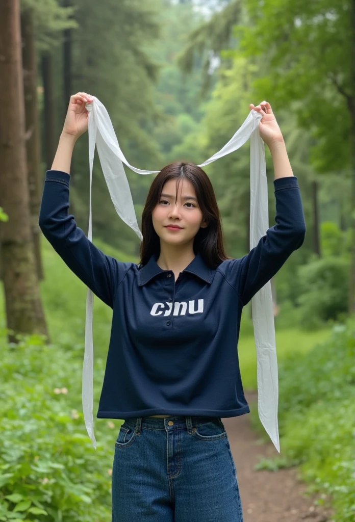 A photography of thai woman 18 years old wearing ,, a navy collar-collared long-sleeved shirt with the word white"CMU" With buttons, Long Legged Jeans,Standing on the road,In the middle of the forest ,Hold the white ribbon with both hands in front.,Lift it up