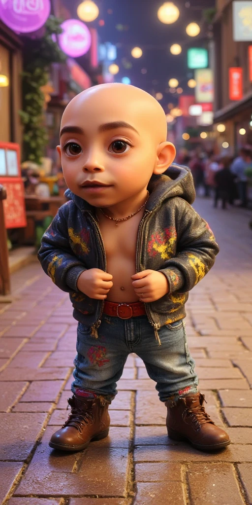 3D Pixar Disney Character Nztykle fresh shaven skin bald Head Handsome Man wearing Streetwear rapper in a music video