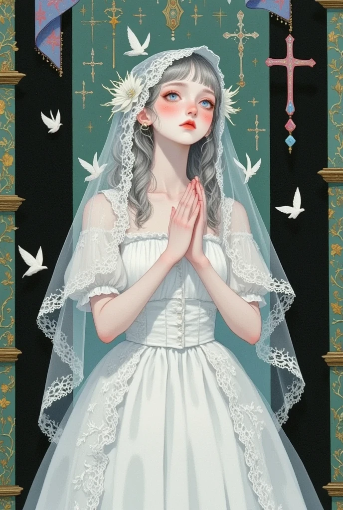 bride，   The style is inspired by Chiho Qingdao，  white wedding dress，  白色bride围巾  ， decorated with white flowers on the head   ， Silver Hair， Sapphire eyes ，Pale face， sad expression  ，Lower your head，pray，Beautiful hands，gothic style， gouache illustration ，Background Church，masterpiece，HD