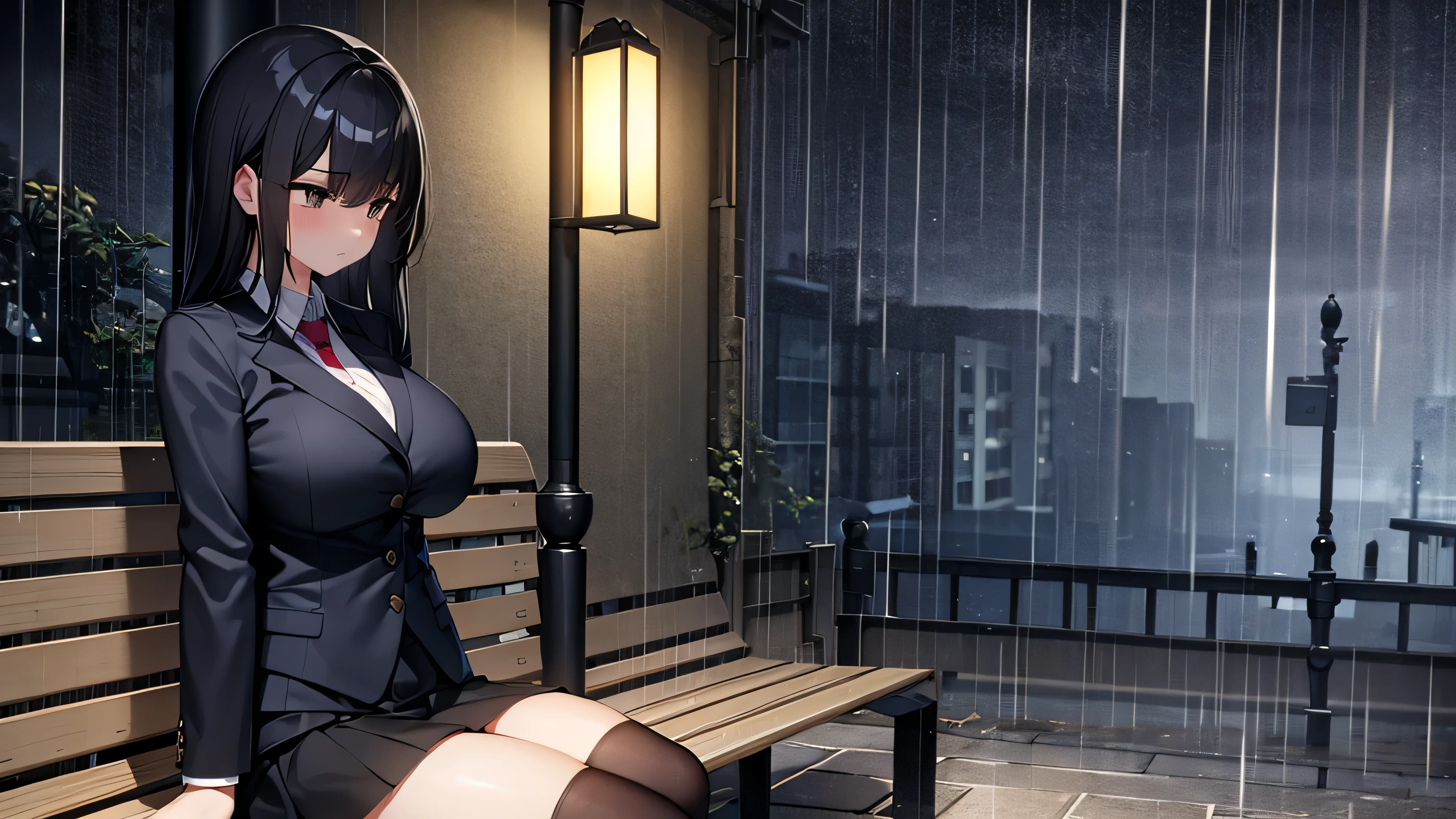 Girl park background, beautiful girl, black eyes, suit, black hair, black skirt, big breasts, big thighs, sad face, head bowed, sitting on a bench, hand atmosphere, rain, bright lamp post, side view, clear picture, 4k 3d
