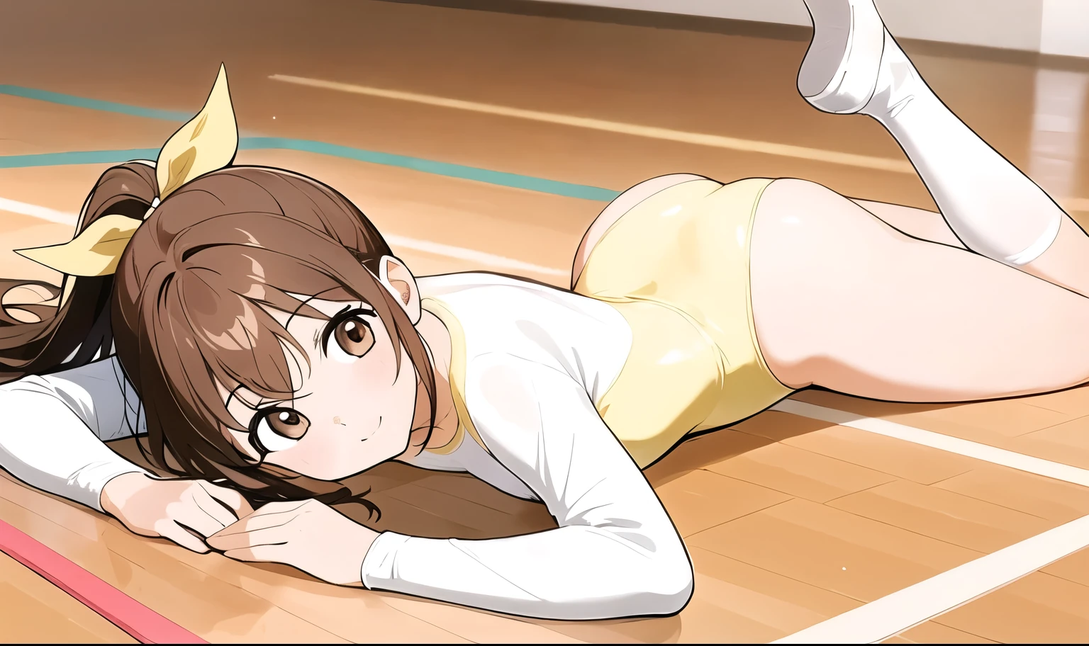 anime style illustration of an anime girl laying on the floor with her legs spread out, 1girl, brown hair, leotard, solo, brown eyes, lying, smile, wooden floor, ponytail, on stomach, ass, looking at viewer, athletic leotard, bangs, yellow leotard