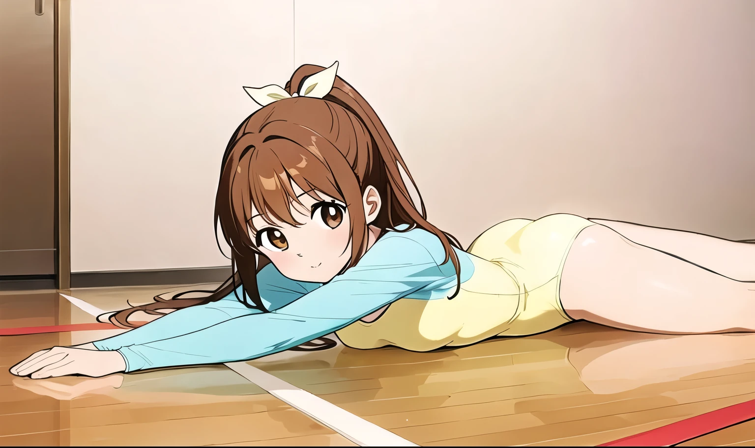 a cartoon girl lying on a floor, her legs are bent with a basketball between them, 1girl, brown hair, solo, leotard, athletic leotard, brown eyes, long hair, ponytail, yellow leotard, gymnastics, lying, looking at viewer, reflection, smile, wooden floor