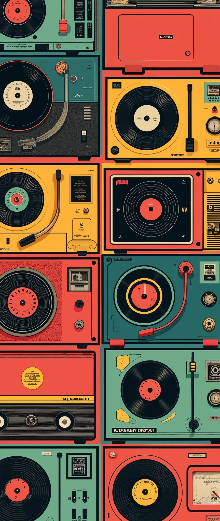 (masterpiece:1.2,Superior Quality,Mirror-like, cinematic experience, best illustrations),8k,16k,wallpaper,Vintage Record Player,(Mr.々Coloured vintage record players are arranged in a square:2.0), colorful ,Rainbow Records, Vector Art , flat design 