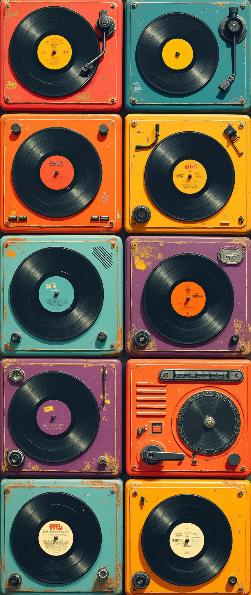 (masterpiece:1.2,Superior Quality,Mirror-like, cinematic experience, best illustrations),8k,16k,wallpaper,Vintage Record Player,(Mr.々Coloured vintage record players are arranged in a square:2.0), colorful ,Rainbow Records, Vector Art , flat design 