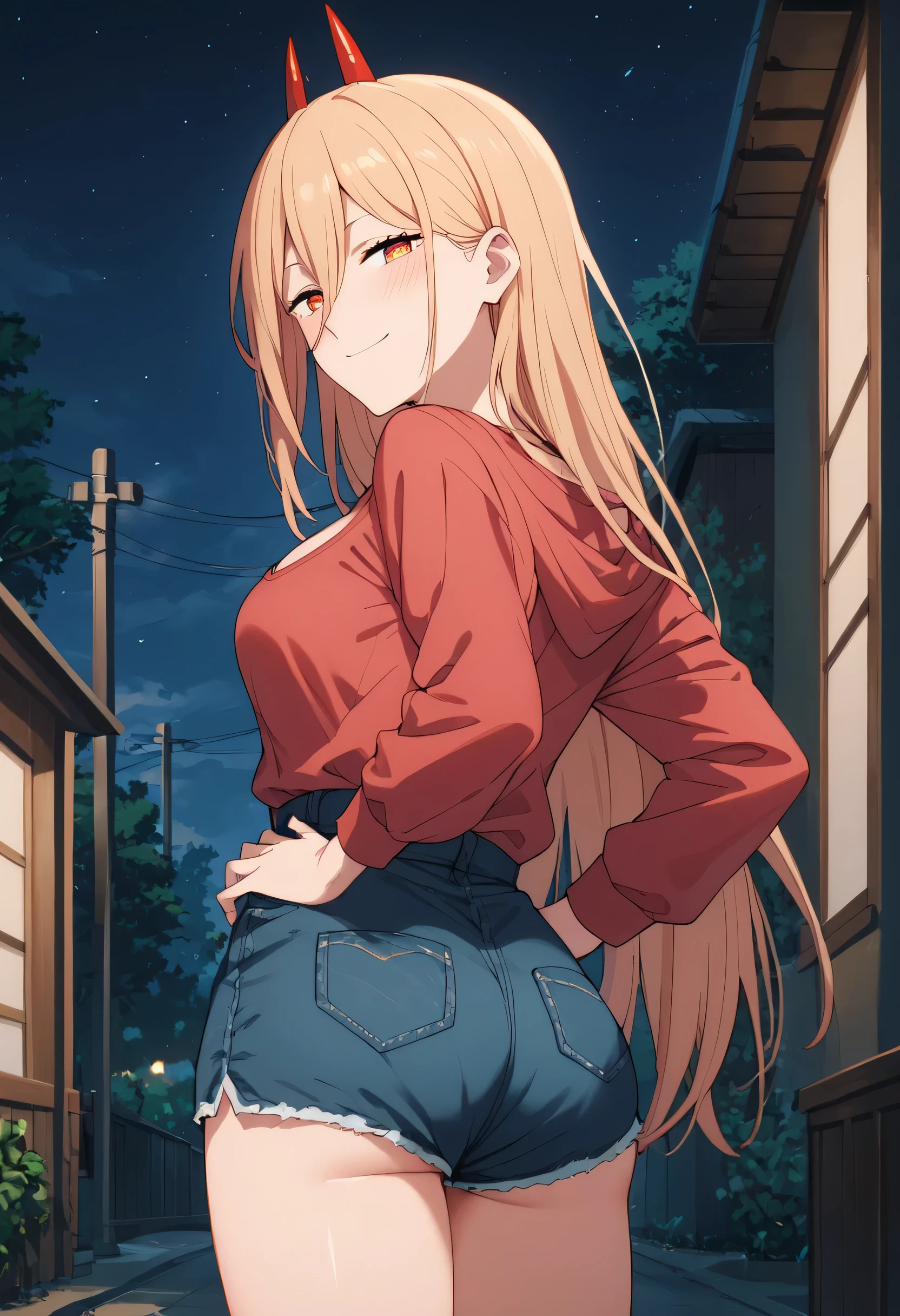 score_9, score_8_up, score_7_up, score_6_up, score_5_up, score_4_up, best quality, masterpiece, colorful, very aesthetic, anime, BREAK, half closed eyes, blush, smile, seductive, night,1girl, p0w3r0x1, long hair, blonde hair, red horns, demon pupils, red sweatshirt, CLEAVAGE, medium breasts,  looking at viewer, standing, hands on waist, shiny leg, from behind, ass, behind, rounded ass,