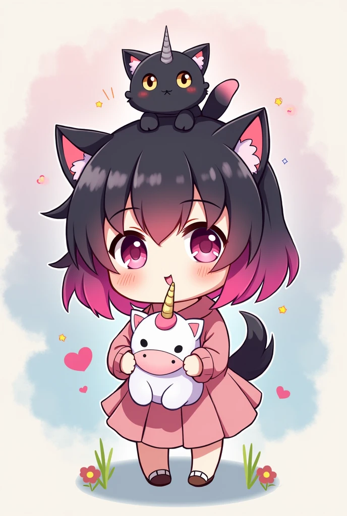 Girl with pink and black hair and a black cat on her head and a unicorn plush toy in her hand in chibi anime style

