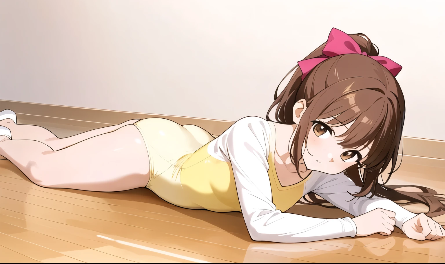 a anime girl laying on the floor with arms stretched and legs spread, 1girl, leotard, solo, wooden floor, yellow leotard, brown hair, brown eyes, lying, hair bow, ponytail, athletic leotard, bow, long hair, looking at viewer, on stomach, ass, on floor, long sleeves