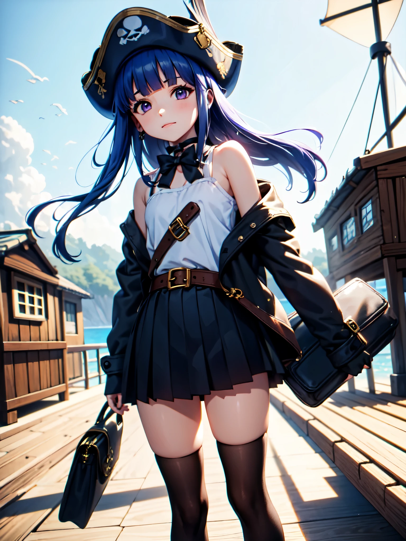 (Eye patch), One Girl, alone, (Furude Rika), Blue Hair, Purple eyes, Long Hair, blunt bangs, bangs, AnimeChibi, Holding a treasure map、Female pirate planning strategy in the cabin of the ship。The eye patch and leather outfit are distinctive.、A treasure chest can be seen behind。A situation filled with tension and adventure。
, pirate, pirate hat, deck, coat, bare shoulder,
