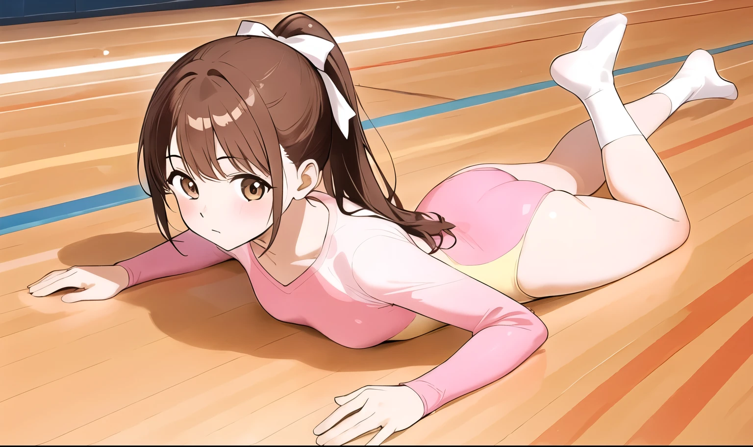 woman with anime style top and pants is laying on the floor like an exercise ball, 1girl, leotard, solo, brown hair, pink leotard, brown eyes, athletic leotard, lying, on stomach, ponytail, wooden floor, ass, long hair, bangs, gymnastics, breasts, socks, blush, closed mouth, looking at viewer, white socks