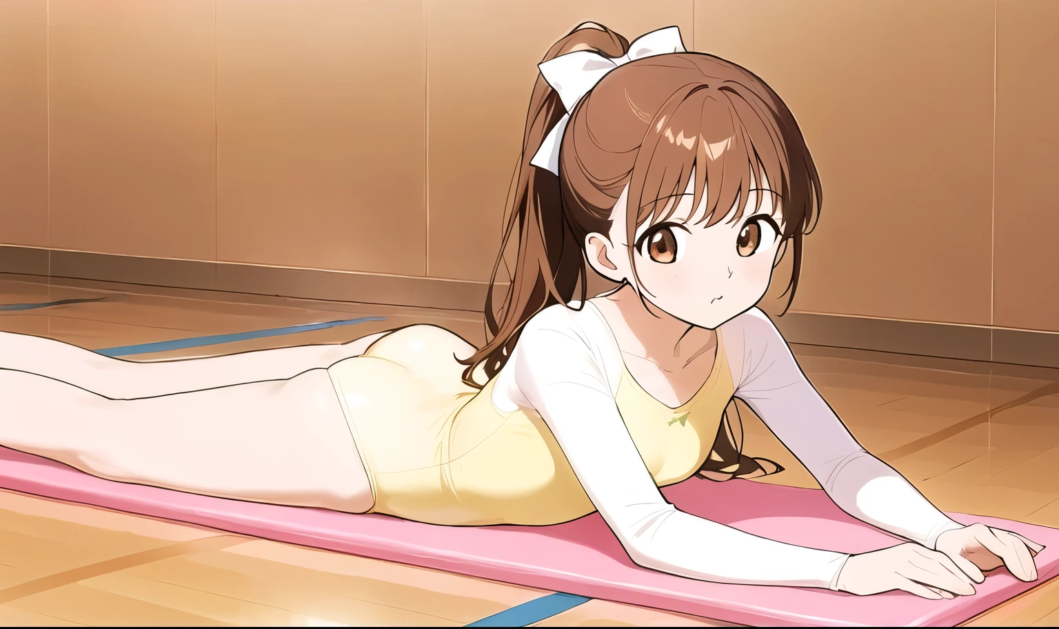 an anime type cartoon female sitting on a yoga mat on the floor, 1girl, leotard, solo, yellow leotard, brown hair, athletic leotard, long hair, brown eyes, lying, ponytail, ass, on stomach, looking at viewer, bow, hair bow, breasts