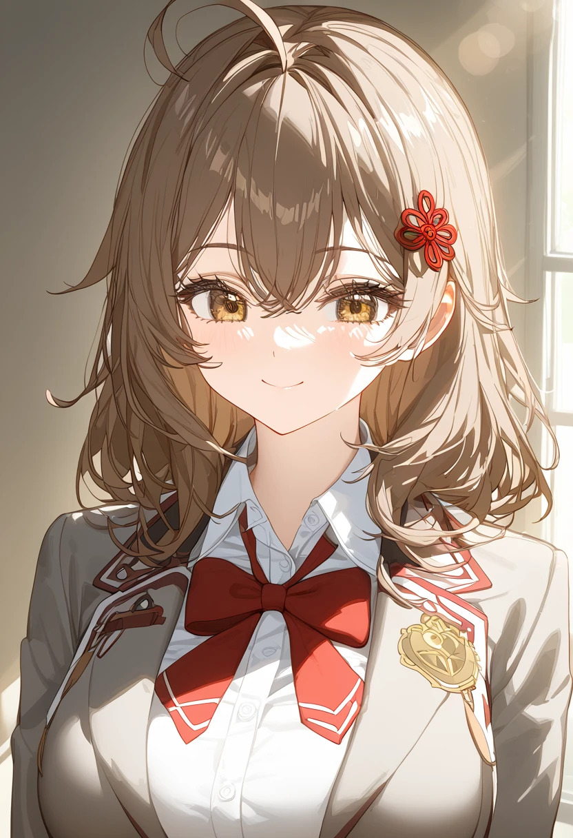 best quality, masterpiece, ultra detailed, detailed eyes, correct face, Beautiful body, beautiful light, beautiful sunlight, beautiful shadows, light shining through the window, 1girl, 1girl, solo, maria mikhailovna kujou, Medium hair, bangs, brown hair, hair ornament, hair between eyes, brown eyes, ahoge, skirt, shirt, long sleeves, bow, school uniform, jacket, white shirt, pleated skirt, collared shirt, bowtie, black skirt, red bow, red bowtie, blazer, grey blazer, long sleeves,large breasts, squint, smile, red cheeks,upper body, looking down, Smile, Looking at Viewer,