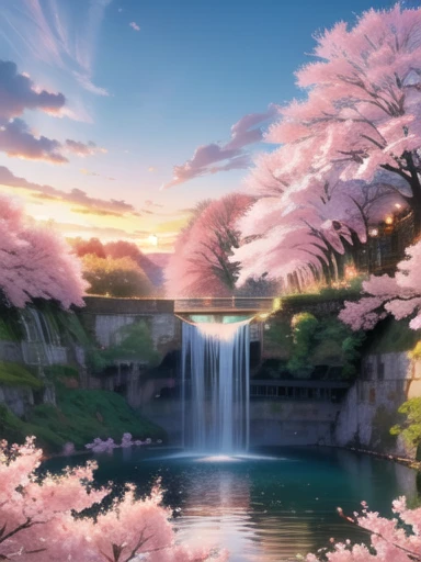 Florid, sunset, forest, Waterfall in the background, Cherry blossom tree in the background