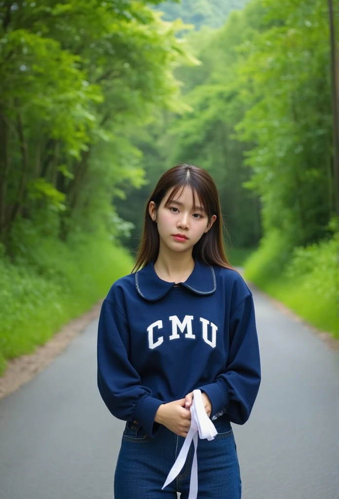 A photography of thai woman 18 years old wearing ,, a navy collar-collared long-sleeved shirt with the word white"CMU" With buttons, Long Legged Jeans,Standing on a paved road ,In the middle of the forest ,Hold the white ribbon with both hands in front.