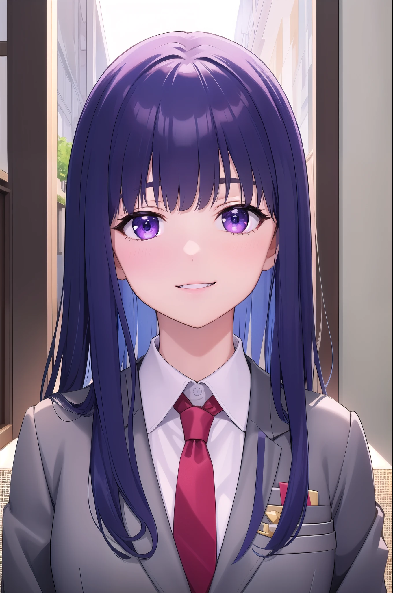 ((masterpiece)),(best quality),official art,extremely detailed CG,unity 8k wallpaper,ultra detailed,beautiful detailed eyes,extremely detailed face,1girl,solo,upper body,(portrait:1.5),looking at viewer,facing viewer,smile,furude rika,long hair,blue hair,violet eyes,hime cut,sidelocks,blunt bangs,eyebrows visible through hair,st. lucia academy school uniform,blazer,grey jacket,collared shirt,white shirt,red necktie,medium breasts,blue skirt,pleated skirt,white socks,loafers,