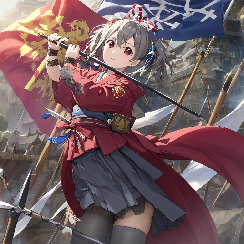 (   Very Detailed CG Octane Rendering 8K Wallpaper with Long Spears ),   World's Most Beautiful Artwork  ,  A flag with a coat of arms attached to a long spear,  complicated,   high detail,  long red hakama , Lace embroidery,   Japanese Kimono, cotton cloth,  Strong winds,  gray tights ,   best quality, Disarray of clothing,   thighs,、 with a flag attached to a long spear 、、Ramparts、Bloomers
