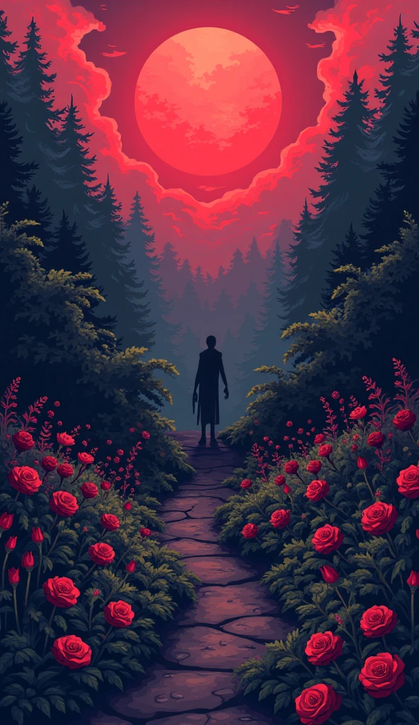 Pixel art, garden, black roses, red sky