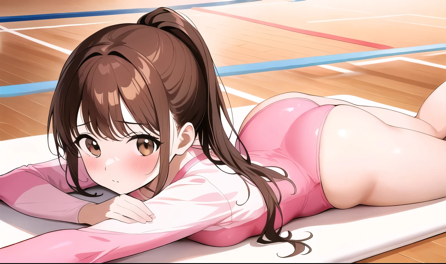 a female anime girl laying on a yoga mat and sitting on floor, 1girl, wooden floor, pink leotard, brown hair, on stomach, leotard, solo, lying, athletic leotard, ass, gymnastics, brown eyes, ponytail, blush, long hair, looking at viewer, breasts, bangs, closed mouth, long sleeves