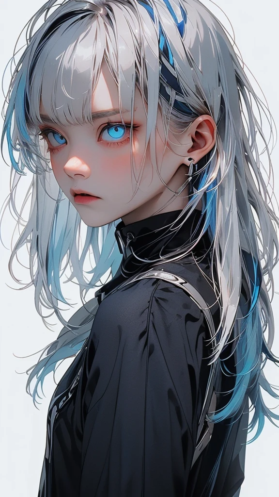   movie poster with a young woman as the protagonist、 (Silver_hair, blue_hair,two-tone_hair:1.4)、( long hair :1.2)、Dancing Hair、(light blue clear eyes 1 .3)Glare、 Her face has a fixed expression  , Black tops、( white simple background 1 .4)、Rough, With danger and tension、 Rear shot 、( Short Bang :1.3)、(Glare:1.4)、anger