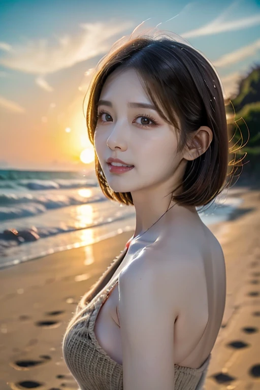 12K、hdr、Bit depth 10 bits、Adult Woman、 Japanese、Shooting on the beach、((Watch the sunset))、dusk、Backwards posture、Age 30、