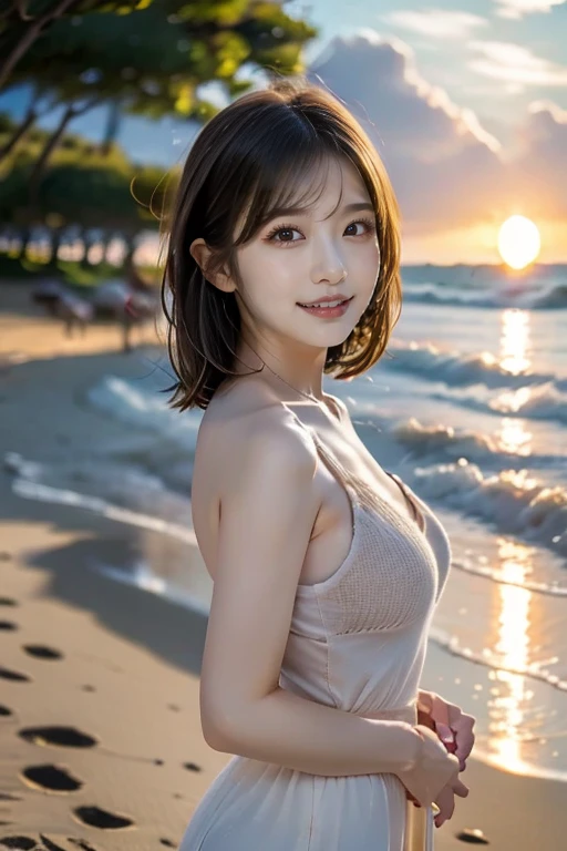 12K、hdr、Bit depth 10 bits、Adult Woman、 Japanese、Shooting on the beach、((Watch the sunset))、dusk、Backwards posture、Age 30、