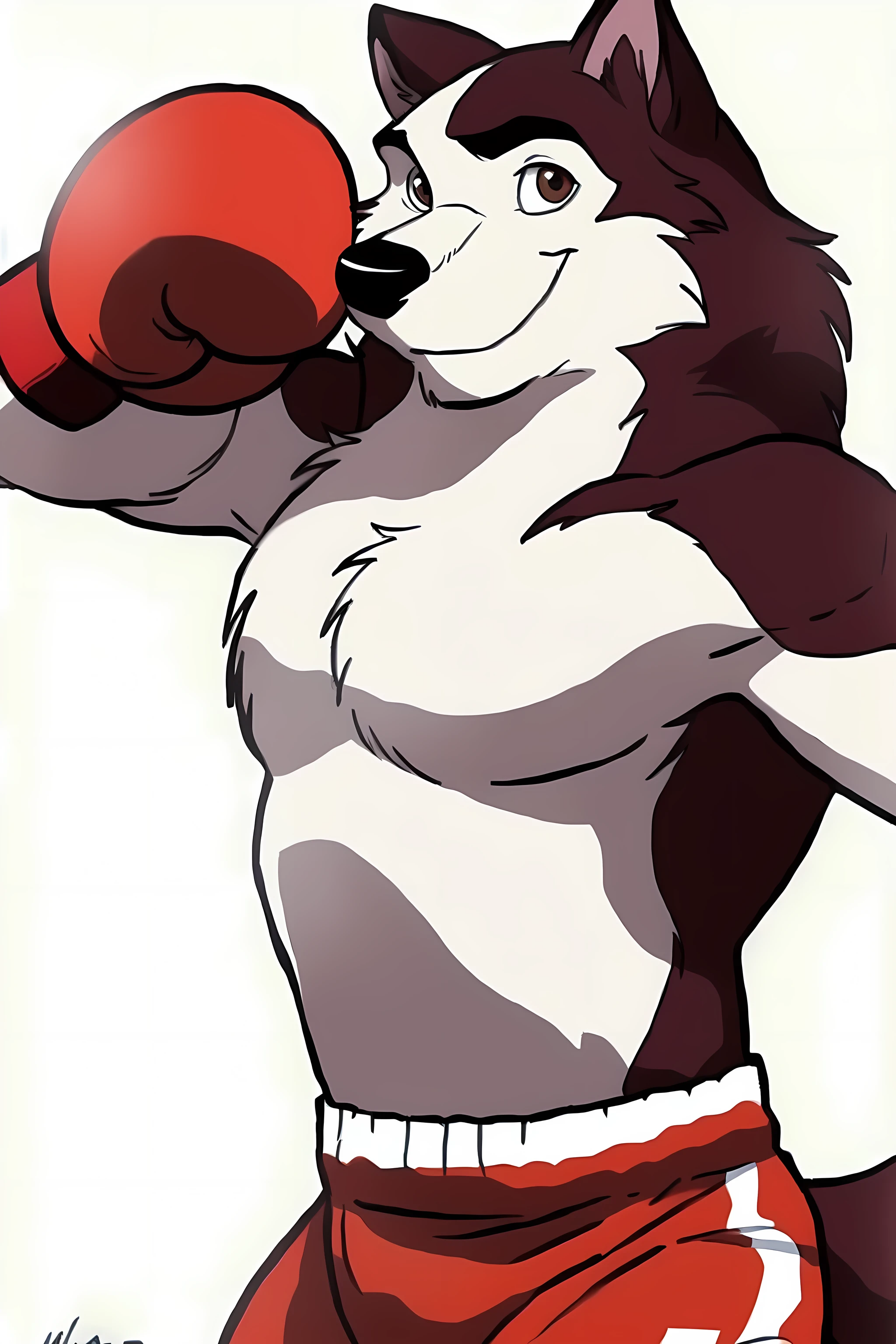 kodiak (balto), red fur, detailed, detailed face, detailed eyes, anthro body, black lineart, black outline, male, young adult, very muscular body:1.2, muscular, brown eyes, cartoon shading, cel shaded:1.0, confident, proud, smile, boxing trunks, wolf tail, (wearing boxing gloves, detailed boxing gloves):1.1, (no background, white background):1.5, bare chest, by wfa, by negger, puffed chest,