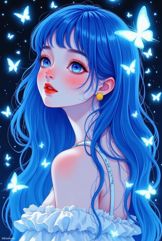  beautiful anime girl with blue hair ,  Surrounded by glowing butterflies and neon lights,  fantasy art style , color cartoon, Blue color scheme, ethereal Background,  I just can't believe how beautiful it is ,  dark white and light black ,  detailed facial features ,   animated style character  ,  high resolution,  profile  ,  Bright colors ,  cute