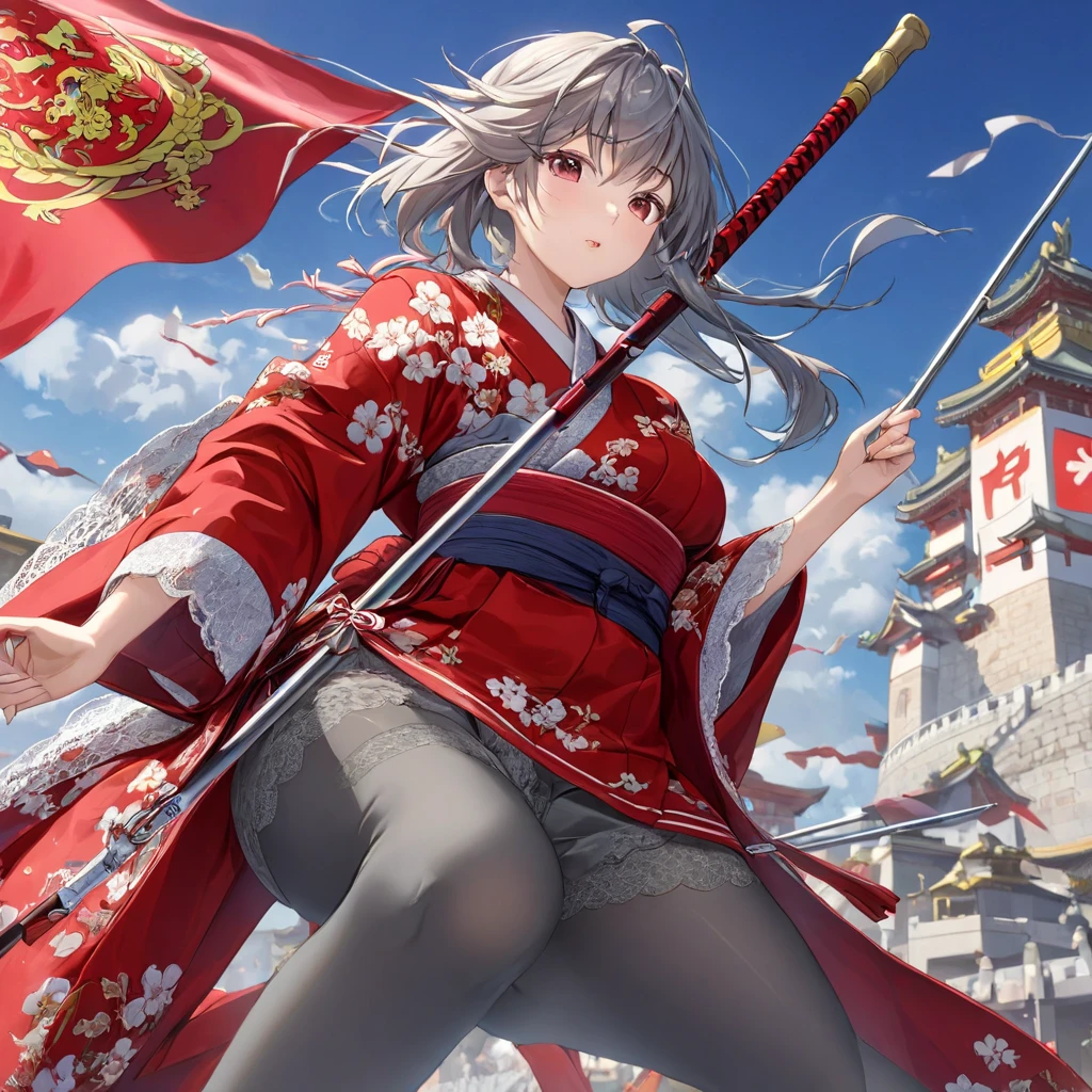 (   Very Detailed CG Octane Rendering 8K Wallpaper with Long Spears ),   World's Most Beautiful Artwork  ,  A flag with a coat of arms attached to a long spear,  complicated,   high detail,  long red hakama , Lace embroidery,  Japanese Kimono, cotton cloth,  Strong winds,  gray tights ,   best quality, Disarray of clothing,   thighs,、 with a flag attached to a long spear 、、Ramparts、Bloomers
