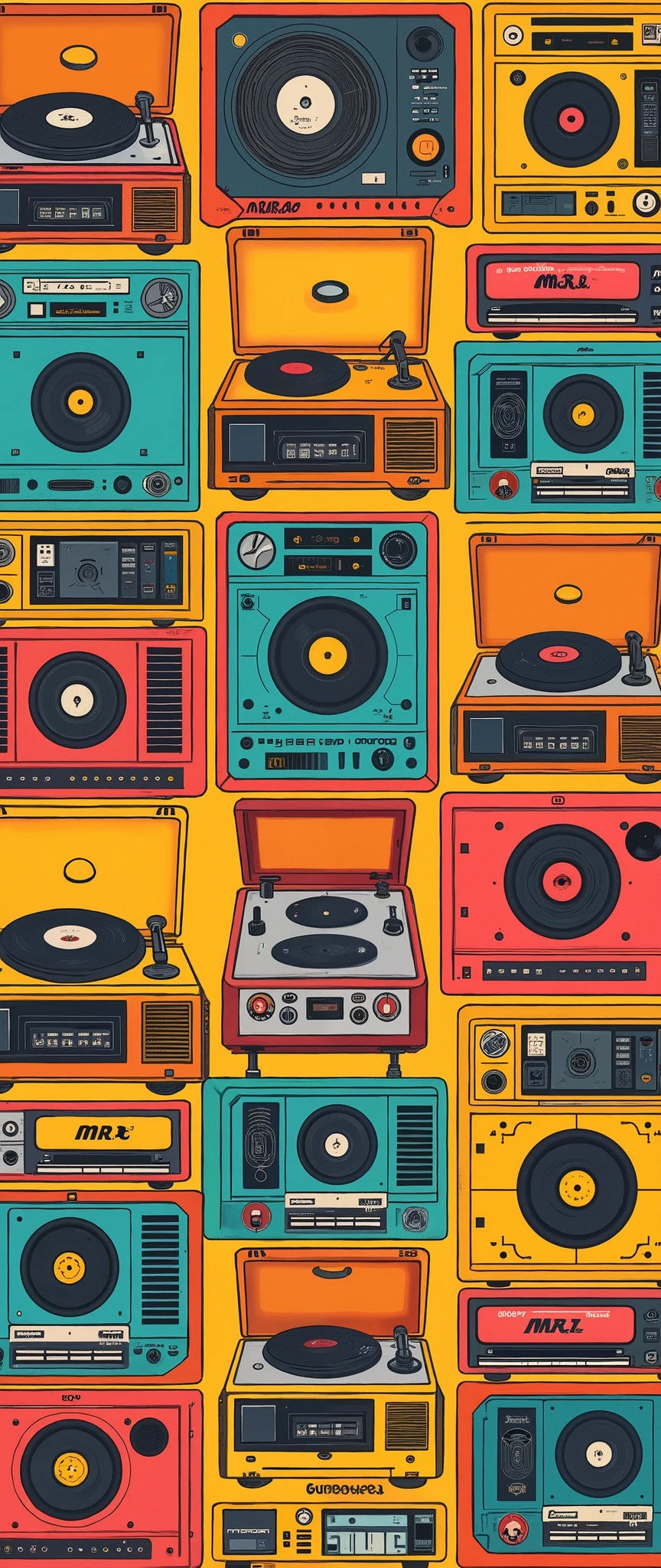 (masterpiece:1.2,Superior Quality,Mirror-like, cinematic experience, best illustrations),8k,16k,wallpaper,Vintage Record Player,(Mr.々Coloured vintage record players are arranged in a square:2.0), colorful ,Rainbow Records, Vector Art , flat design 