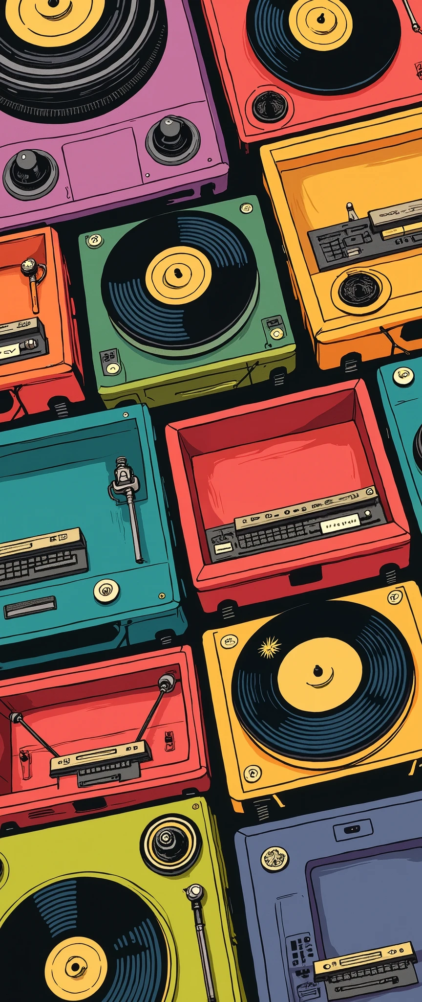 (masterpiece:1.2,Superior Quality,Mirror-like, cinematic experience, best illustrations),8k,16k,wallpaper,Vintage Record Player,(Mr.々Coloured vintage record players are arranged in a square:2.0), colorful ,Rainbow Records, Vector Art , flat design 