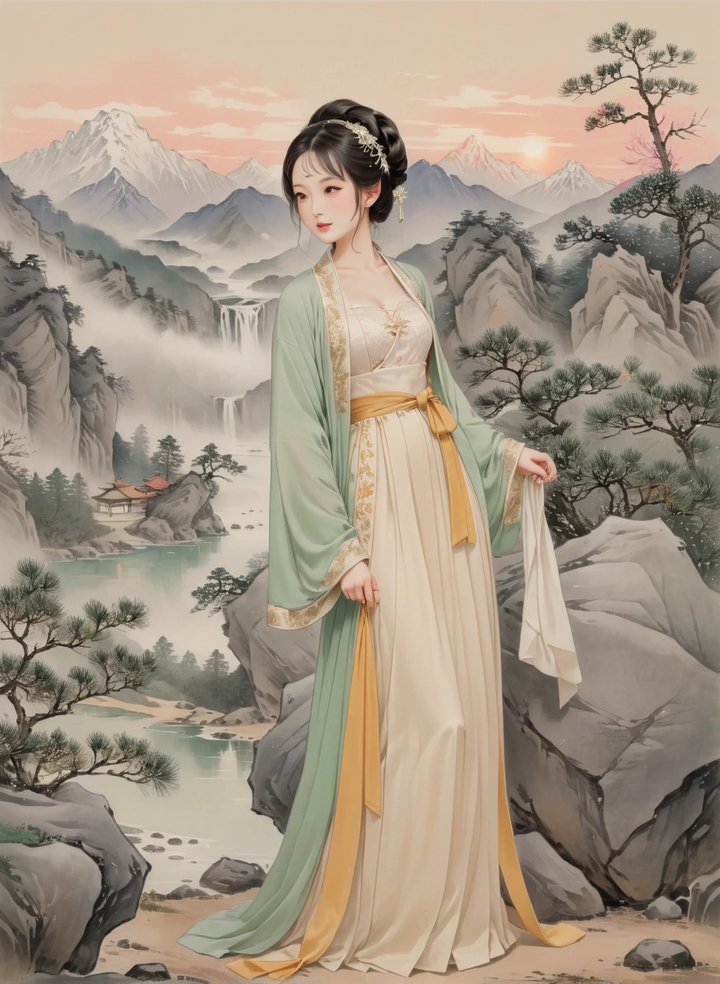 A serene Asian woman stands against a warm beige background, surrounded by majestic trees, rocks, and snow-capped mountains. The soft golden light illuminates her gentle posture, and she wears a soft light-colored pleated dress, a cream bra, and a matching skirt. Her ponytail adds a vibrant touch of color in pastel tones. A green kimono-style robe hangs elegantly over her shoulders with black stockings that leak out of her mid-thighs. In the foreground, the foreign text script adds visual interest to the left side of the frame as the camera captures the shot