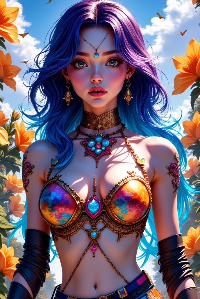 colorful butterfly,girl,bikini,upper body,witch hat,(detailed face:1.2), (medium breasts),(cleavage),(thigh bands),long hair,asymmetrical bangs,Tarot border,The portrait is centered,(no weapon),(bouncing breasts),