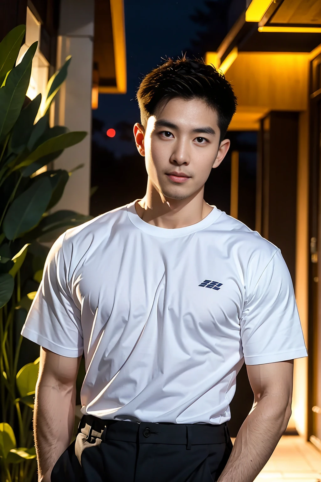 korea male male model, big muscles, handsome, cool, smoothly combed hair, pierced ears, wearing a t-shirt navy top, holding a lollipop, portraiture, modeling, dynamic pose, Japanese street, late at night, store lights trade, full half body shot, smile open mouth