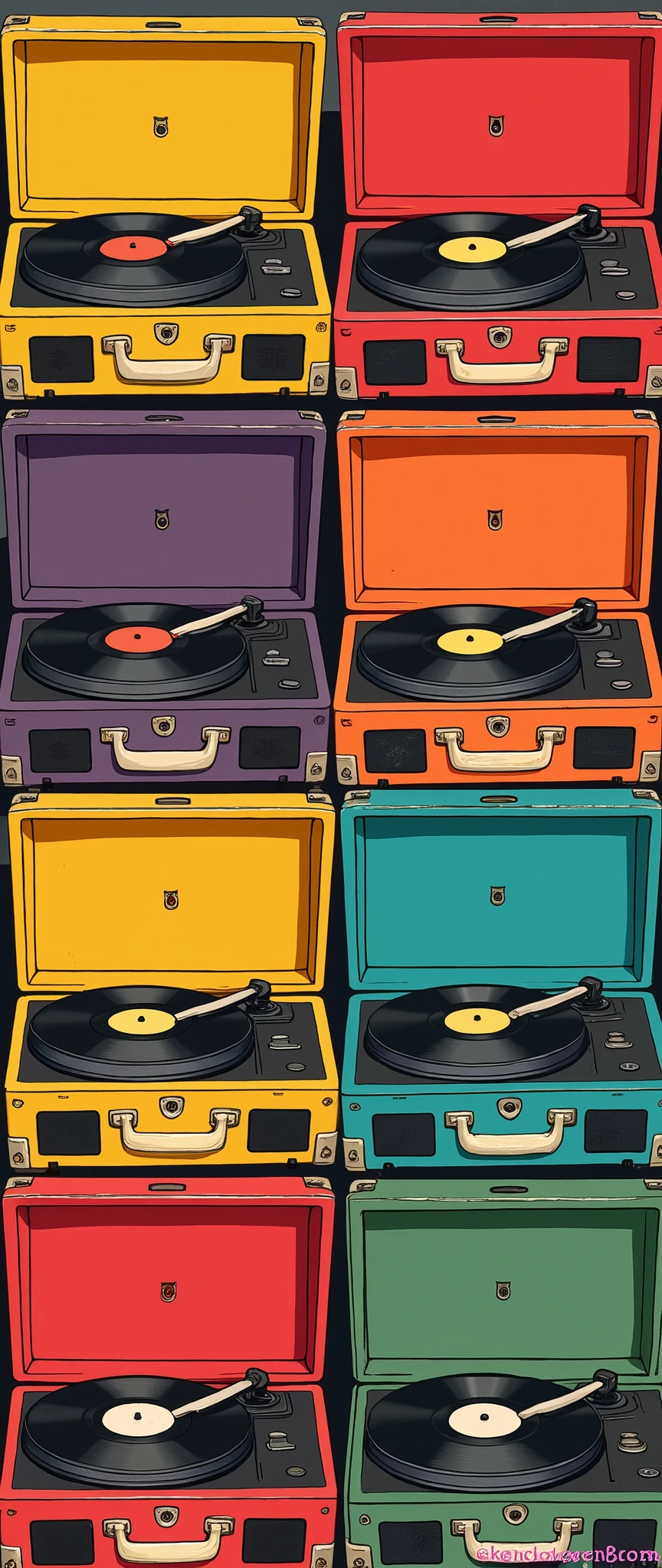 (masterpiece:1.2,Superior Quality,Mirror-like, cinematic experience, best illustrations),8k,16k,wallpaper,Vintage Record Player,(Mr.々Coloured vintage record players are arranged in a square:2.0), colorful ,Rainbow Records, Vector Art , flat design 